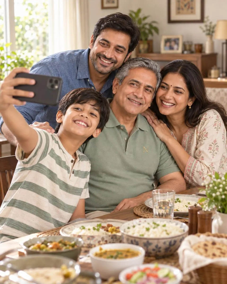 Grandson taking a family selfie at Sunday lunch with Dad smiling in the middle