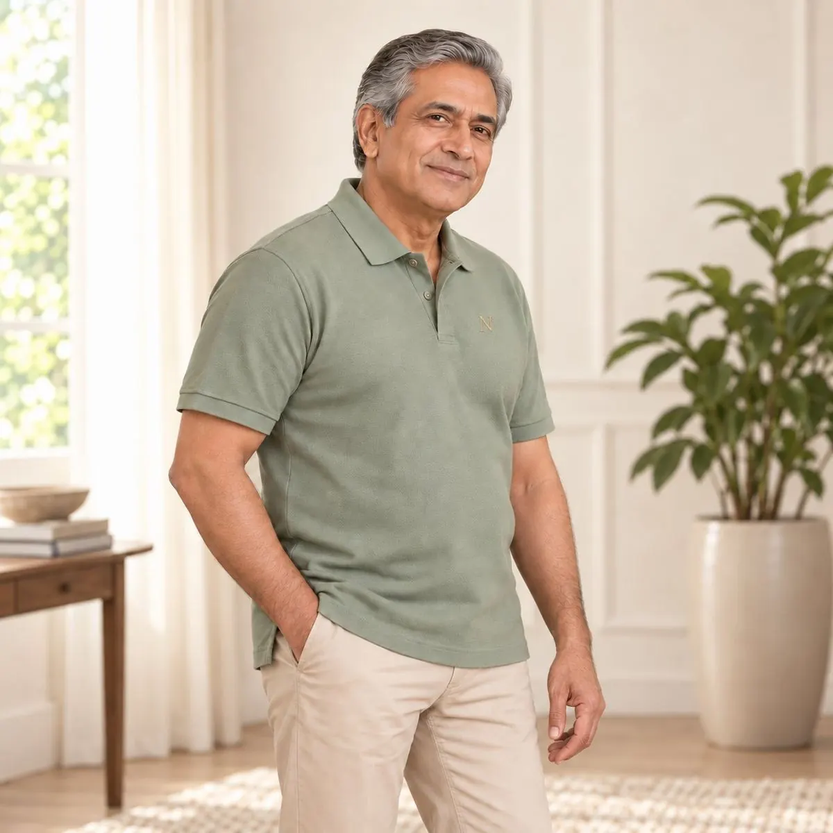 Smiling father standing at home in the sage Golden Polo