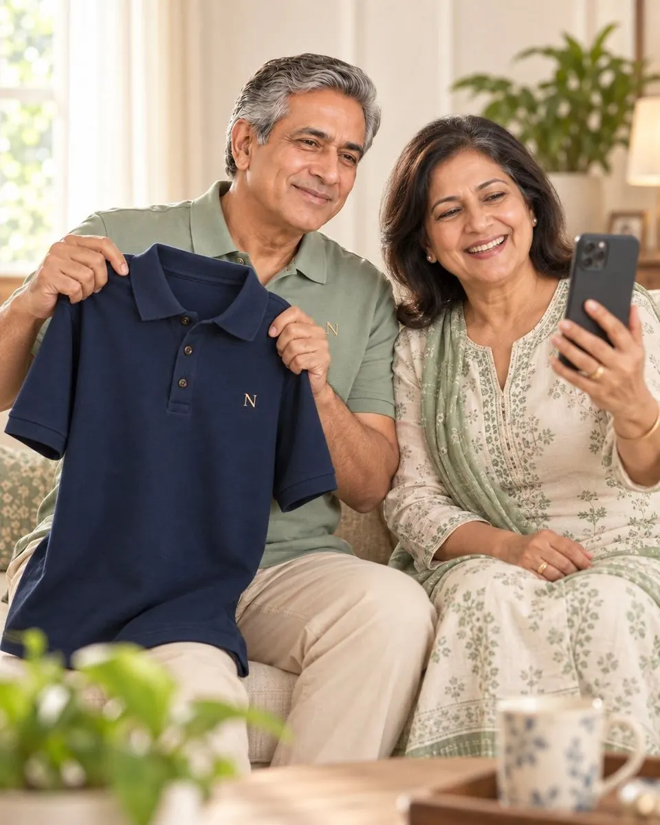 Dad holding up the navy polo beside Mom, who is on a video call
